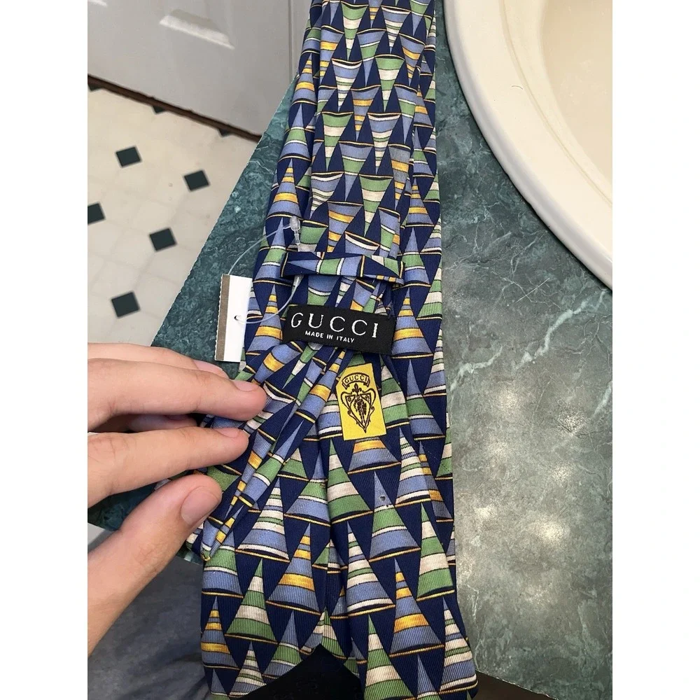 Vintage Gucci Silk Neck Tie Blue And Green Stirrup Graphic Party Italy GG Lining